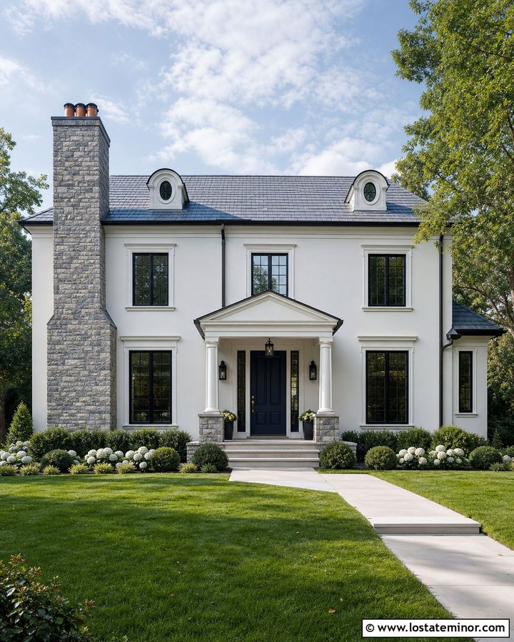 White House With Gray Stone Chimney - 30 White House Design With Chimney Ideas
