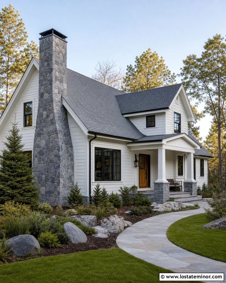 White House With Gray Stone Chimney - 30 White House Design With Accents Ideas