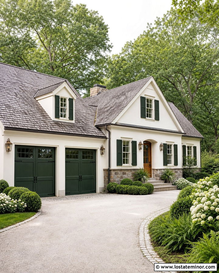 White House With Green Garage Doors - 30 White House Design With Garage Door Ideas