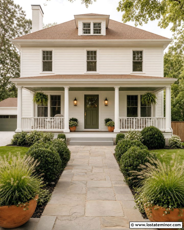 White House With Green Porch Ceiling And Door - 30 White House Design With Porch Ceiling Ideas