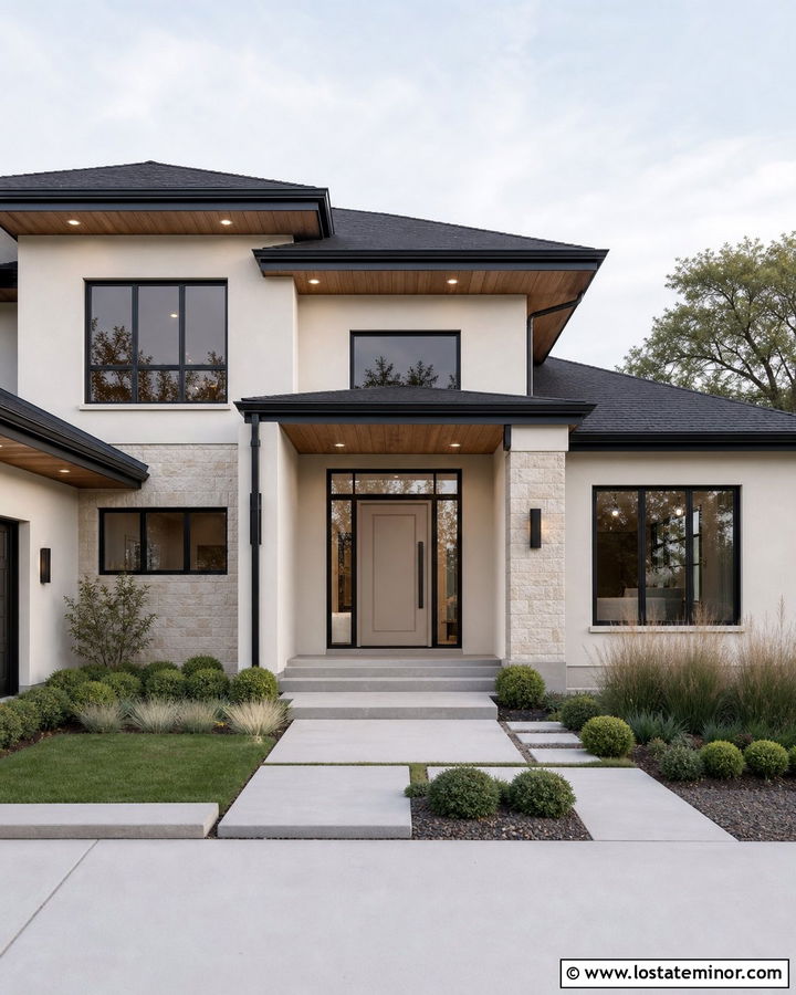 White House With Greige Entry Door - 30 White House Design With Entry Door Ideas