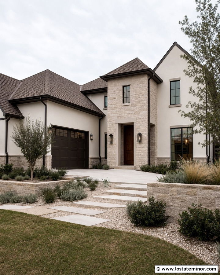 White House With Greige Stone And Bronze Windows - 30 White House Design With Stone Accents Ideas