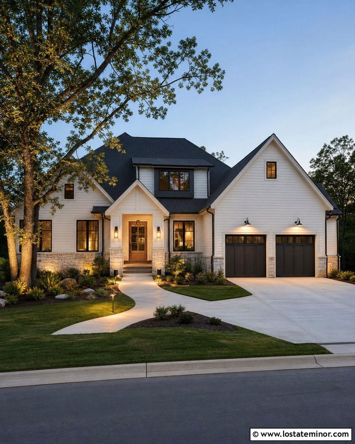 White House With Layered Exterior Lighting - 30 White House Design With Lighting Ideas