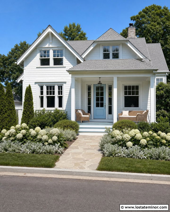 White House With Light Blue Entry Door - 30 White House Design With Entry Door Ideas