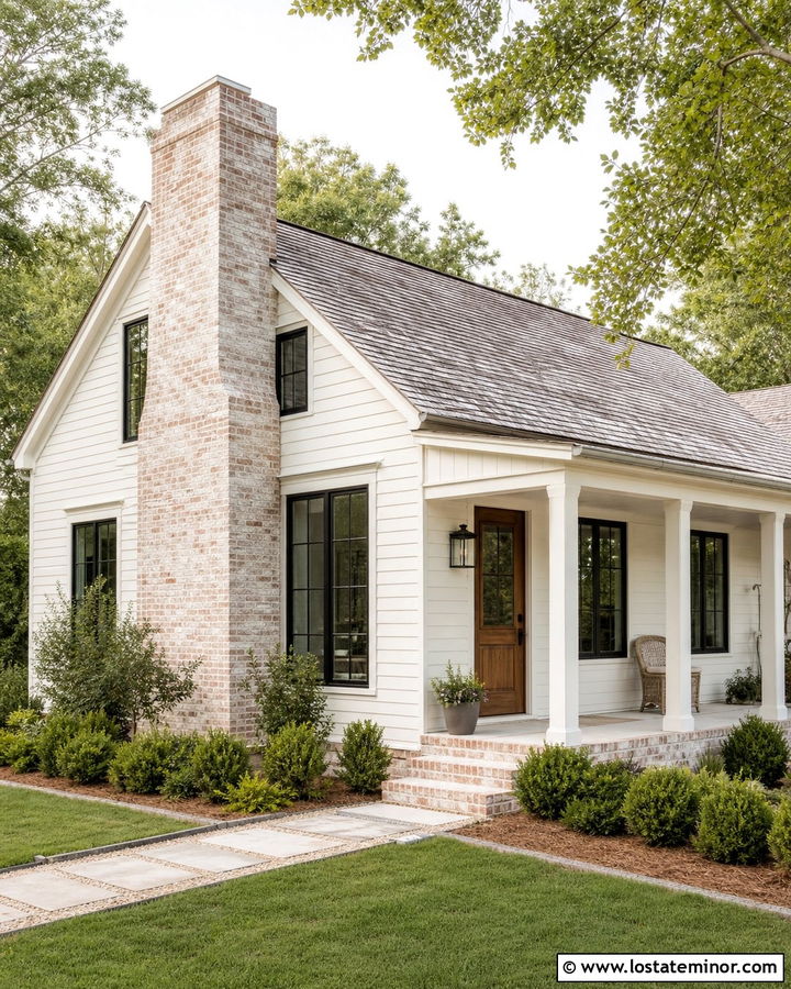 White House With Limewashed Brick Chimney - 30 White House Design With Chimney Ideas