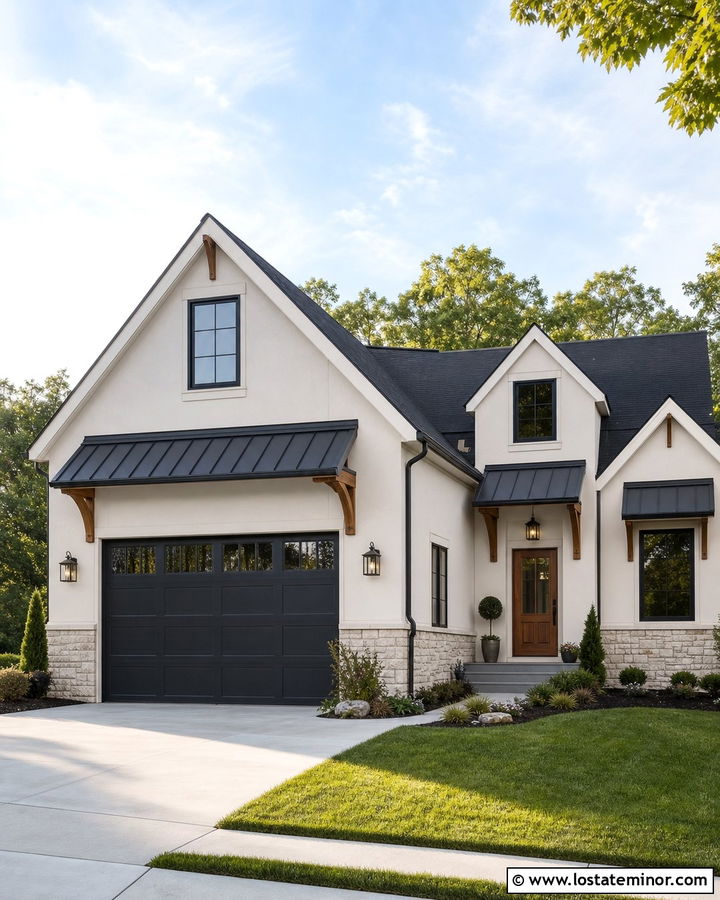White House With Matching Garage And Door Awnings - 30 White House Design With Awning Ideas