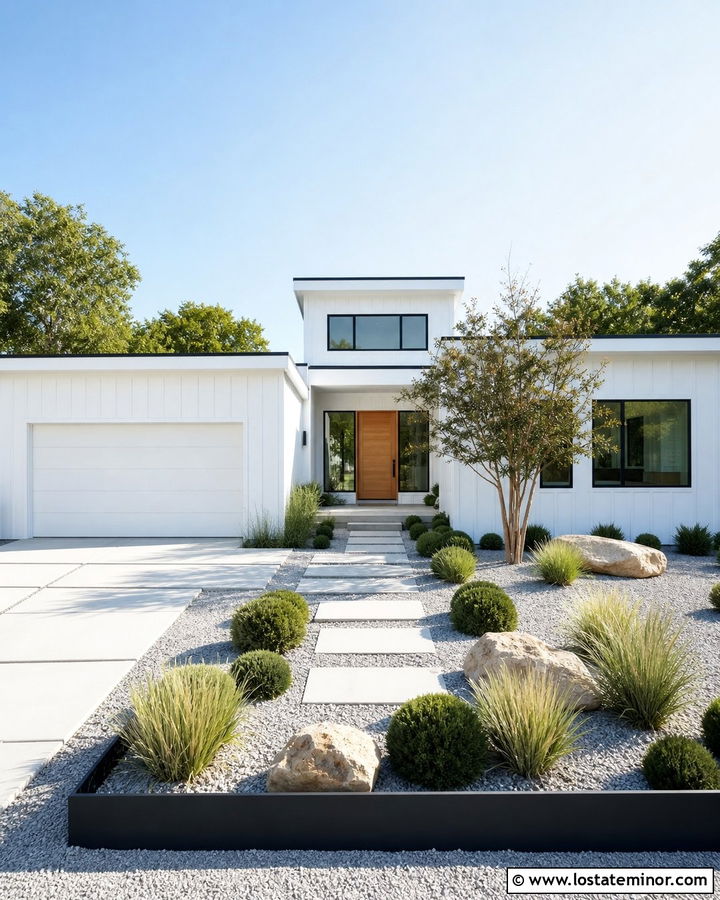 White House With Modern Gravel Garden - 30 White House Design With Front Yard Ideas
