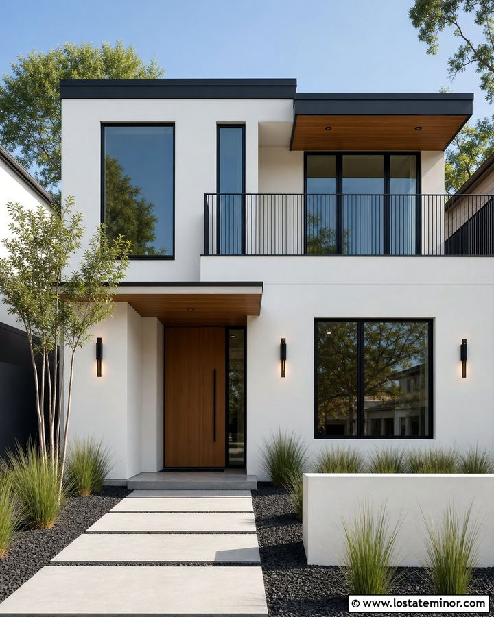 White House With Modern Vertical Railings - 30 White House Design With Railings Ideas