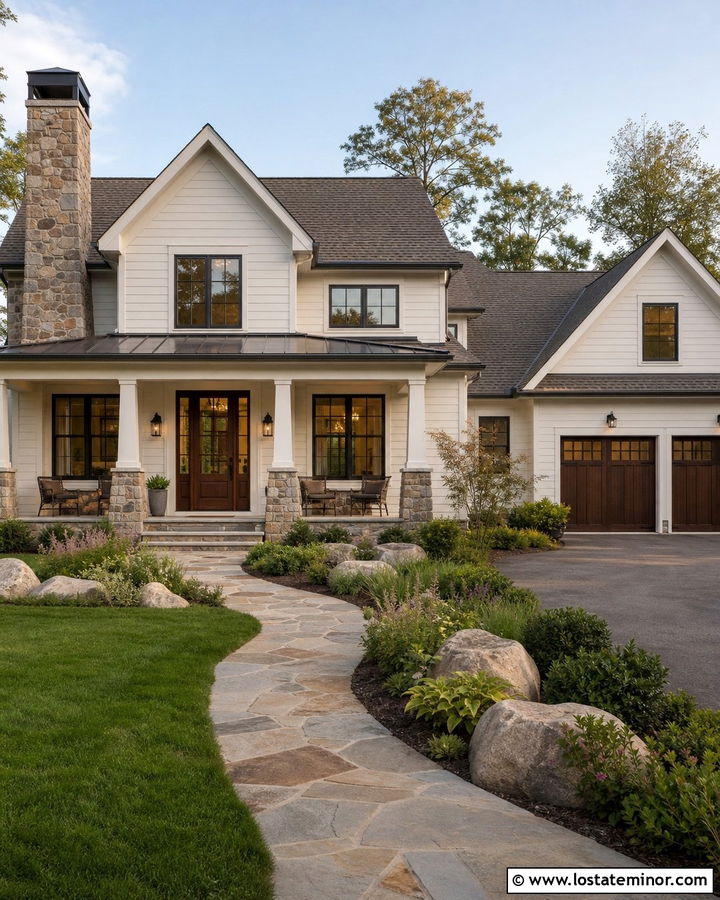 White House With Natural Stone Chimney - 30 White House Design With Chimney Ideas