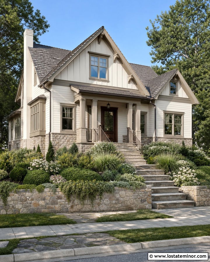 White House With Natural Stone Retaining Wall - 30 White House Design With Front Yard Ideas