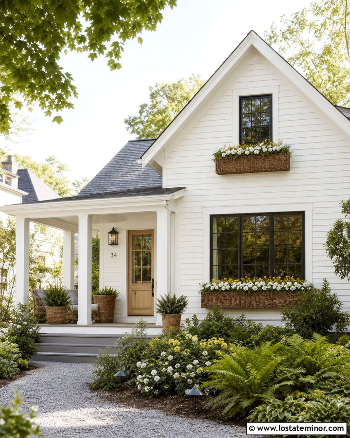 White House With Natural Wicker Window Boxes - 30 White House Design With Window Boxes Ideas