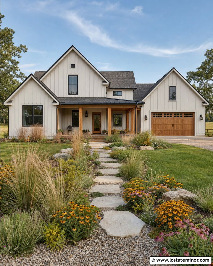 White House With Natural Wood Accents And Prairie Landscaping - 30 White House Design With Landscaping Ideas
