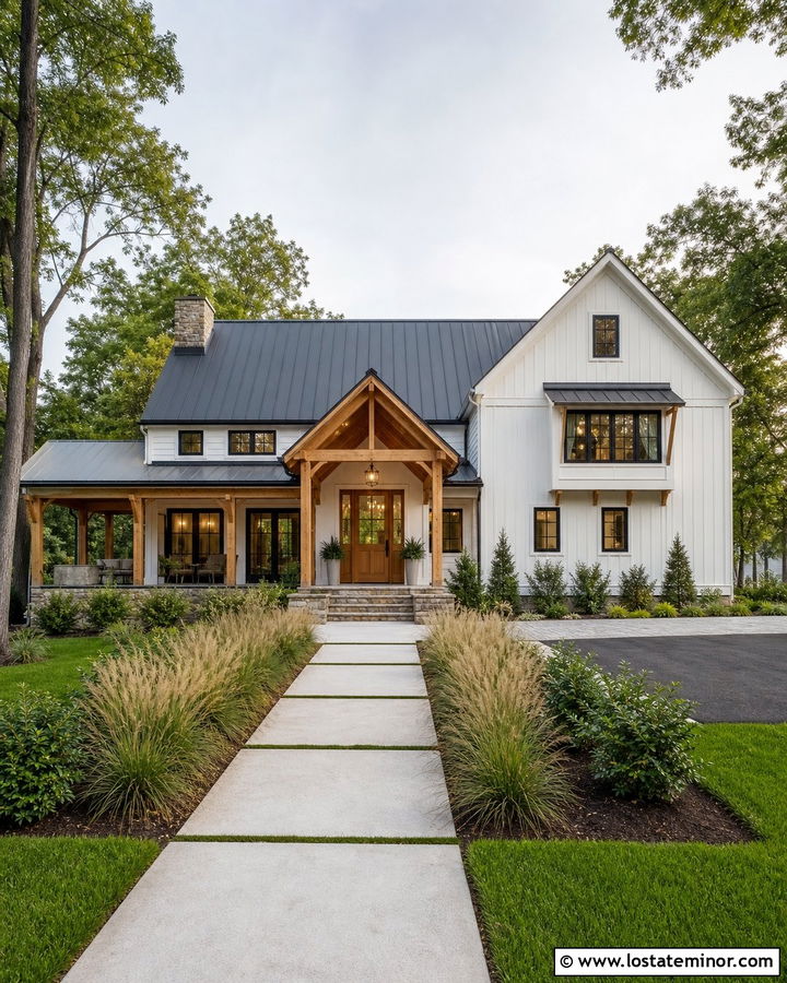 White House With Natural Wood Door Portico - 30 White House Design With Portico Ideas