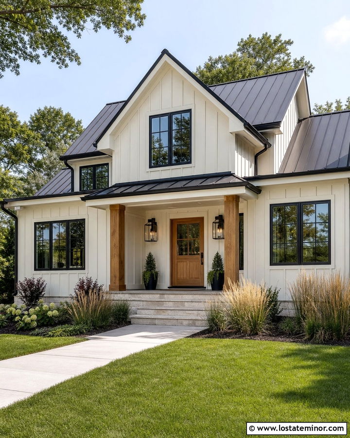 White House With Natural Wood Entry Door - 30 White House Design With Entry Door Ideas