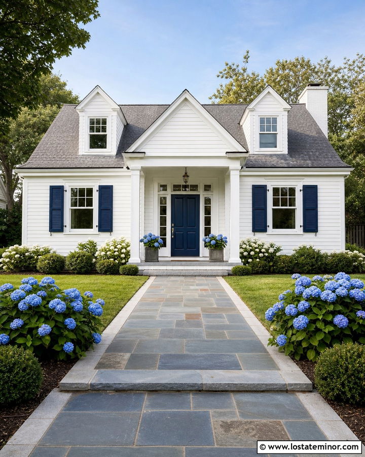 White House With Navy Blue Entry Door - 30 White House Design With Entry Door Ideas