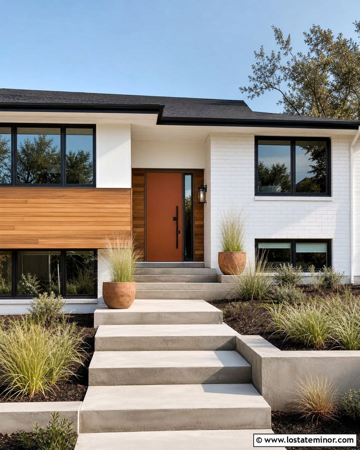 White House With Orange Entry Door - 30 White House Design With Entry Door Ideas