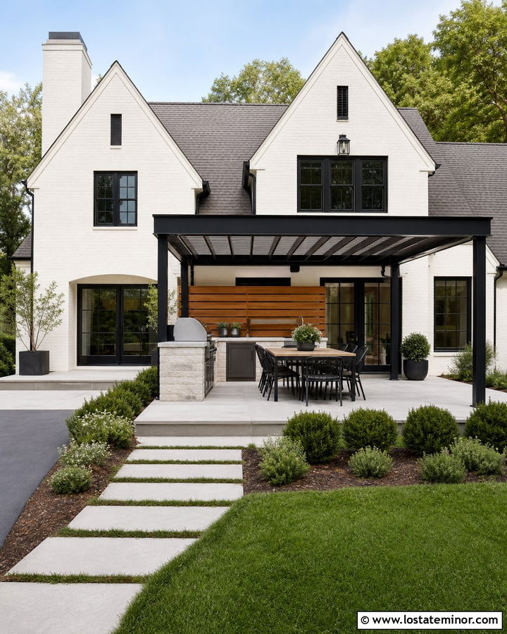 White House With Outdoor Kitchen Pergola - 30 White House Design With Pergola Ideas