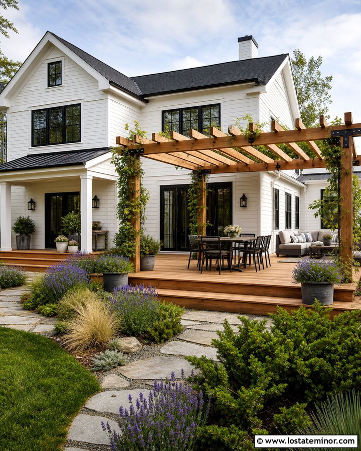White House With Pergola Deck - 30 White House Design With Deck Ideas