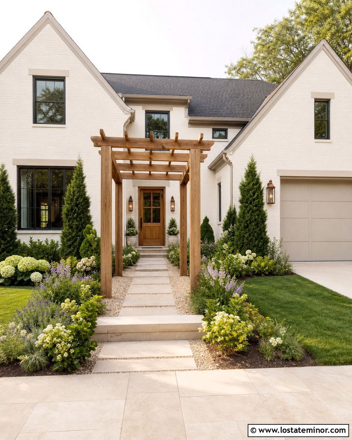 White House With Pergola Entry - 30 White House Design With Pergola Ideas