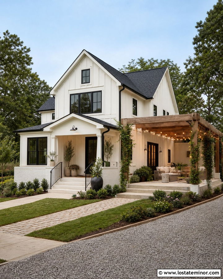 White House With Pergola String Lighting - 30 White House Design With Lighting Ideas