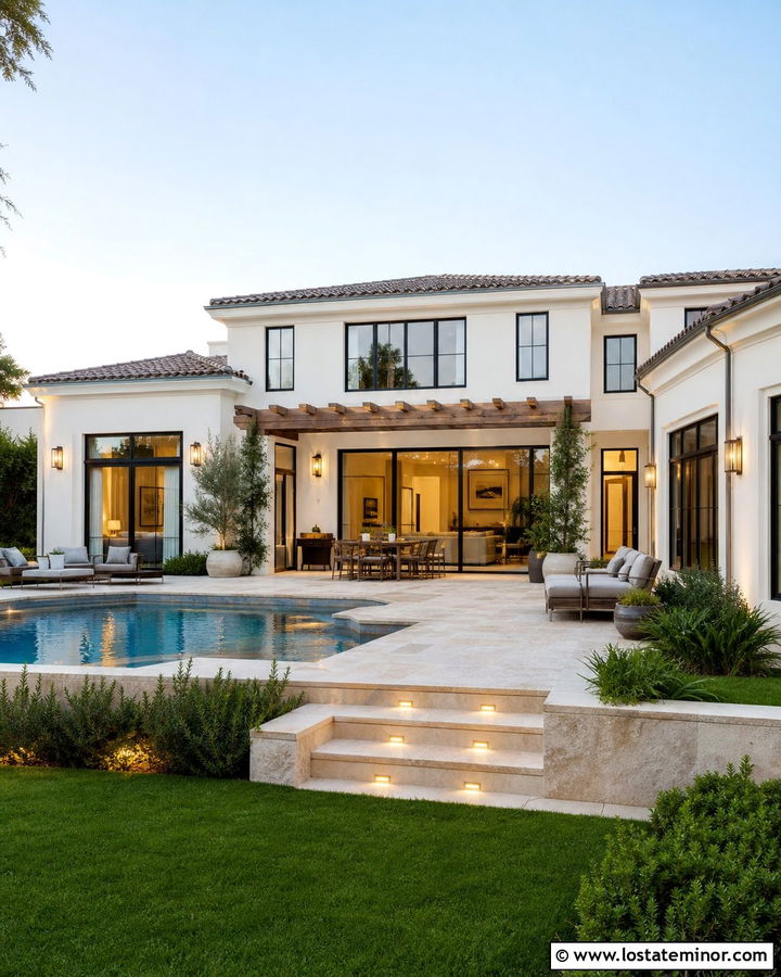 White House With Poolside Exterior Lighting - 30 White House Design With Lighting Ideas