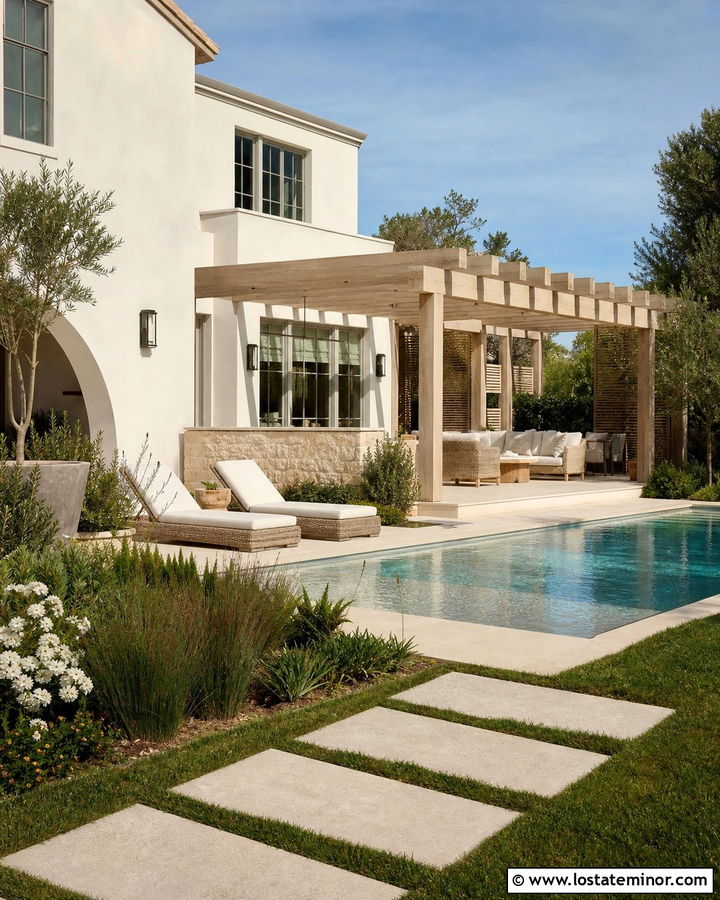 White House With Poolside Pergola - 30 White House Design With Pergola Ideas