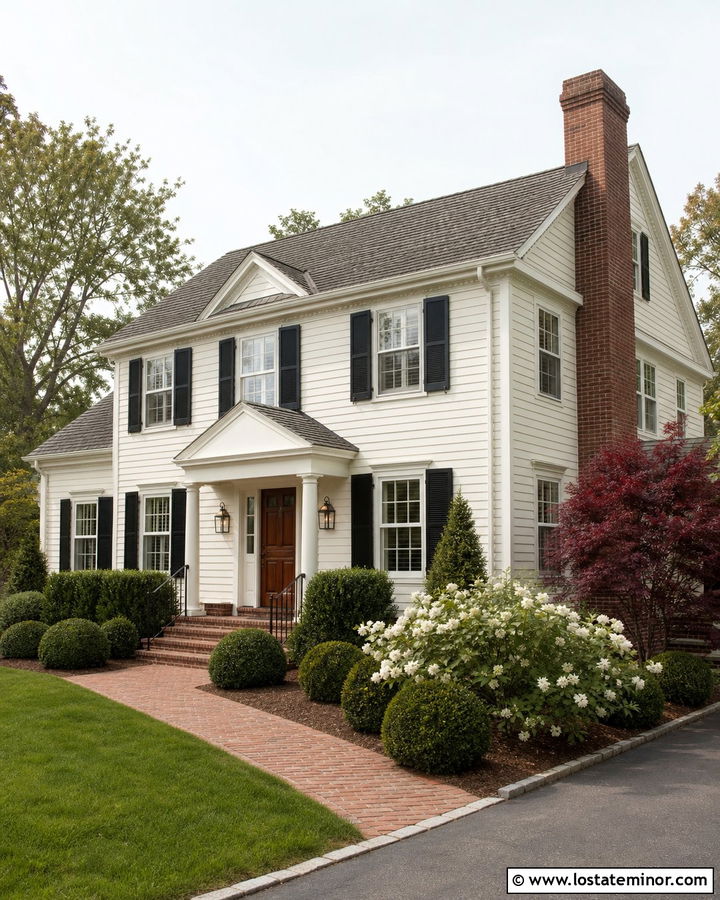White House With Red Brick Accents - 30 White House Design With Front Yard Ideas