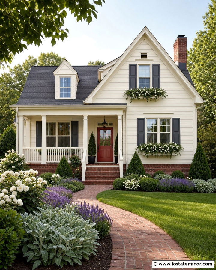 White House With Red Door And Cottage Landscaping - 30 White House Design With Landscaping Ideas