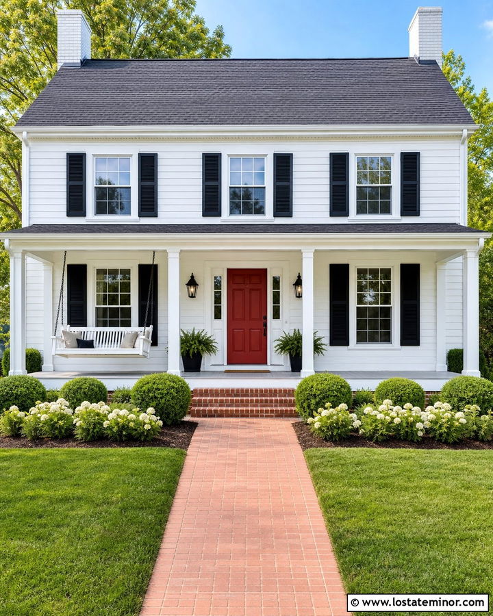 White House With Red Door And Porch Swing - 30 White House Design With Swing Ideas