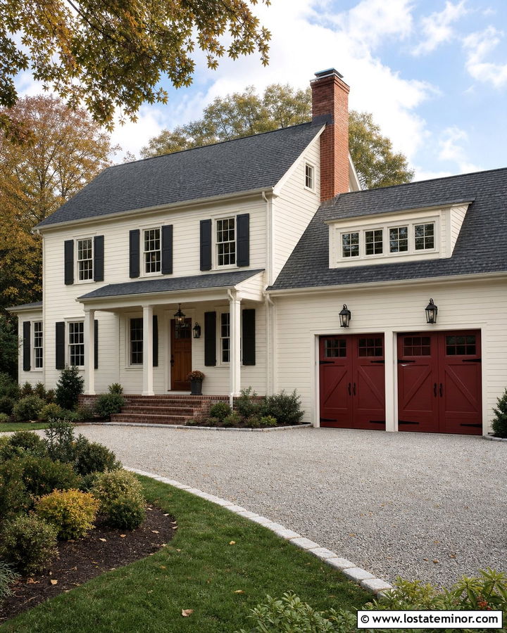 White House With Red Garage Door - 30 White House Design With Garage Door Ideas