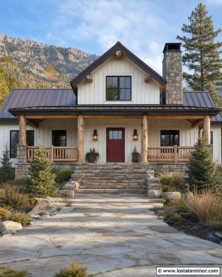 White House With Rustic Log Railings - 30 White House Design With Railings Ideas