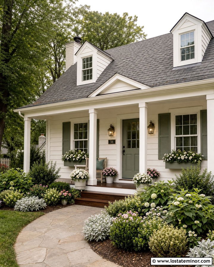 White House With Sage Green Window Boxes - 30 White House Design With Window Boxes Ideas