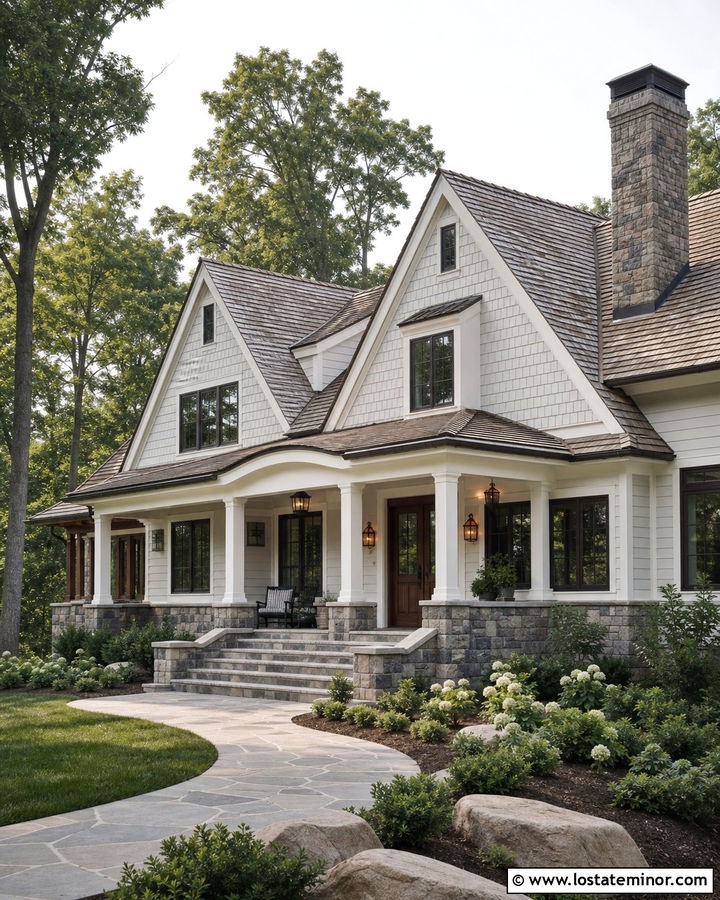 White House With Shingles And Natural Stone Chimney - 30 White House Design With Shingles Ideas