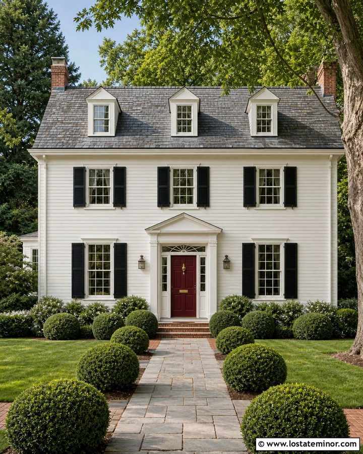 White House With Slate Roof And Burgundy Door - 30 White House Design With Accents Ideas
