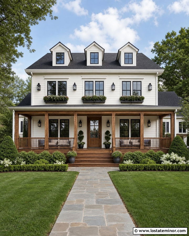 White House With Stained Wood Porch - 30 White House Design With Accents Ideas