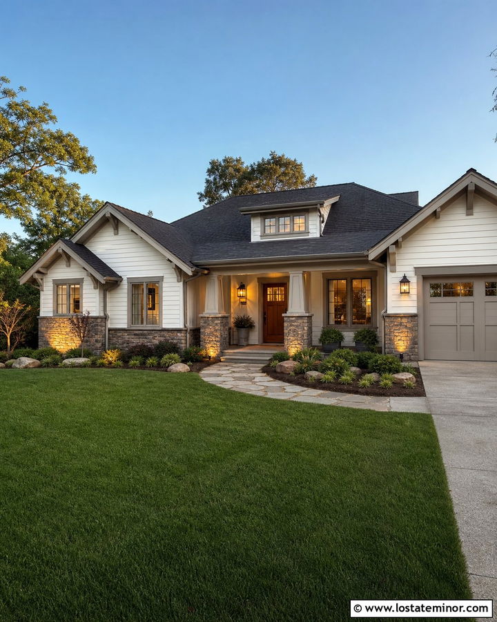 White House With Stone Accents And Uplighting - 30 White House Design With Lighting Ideas