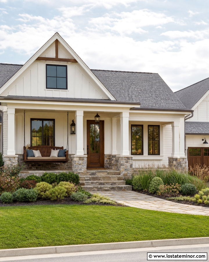 White House With Stone Accents And Wood Swing - 30 White House Design With Swing Ideas