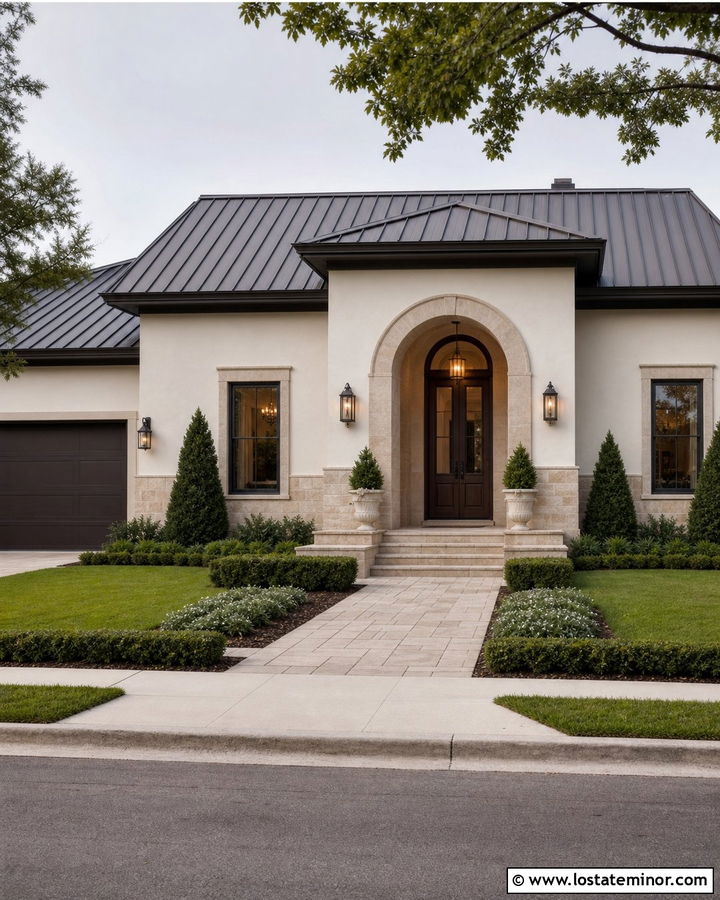 White House With Stone Arched Entry - 30 White House Design With Stone Accents Ideas