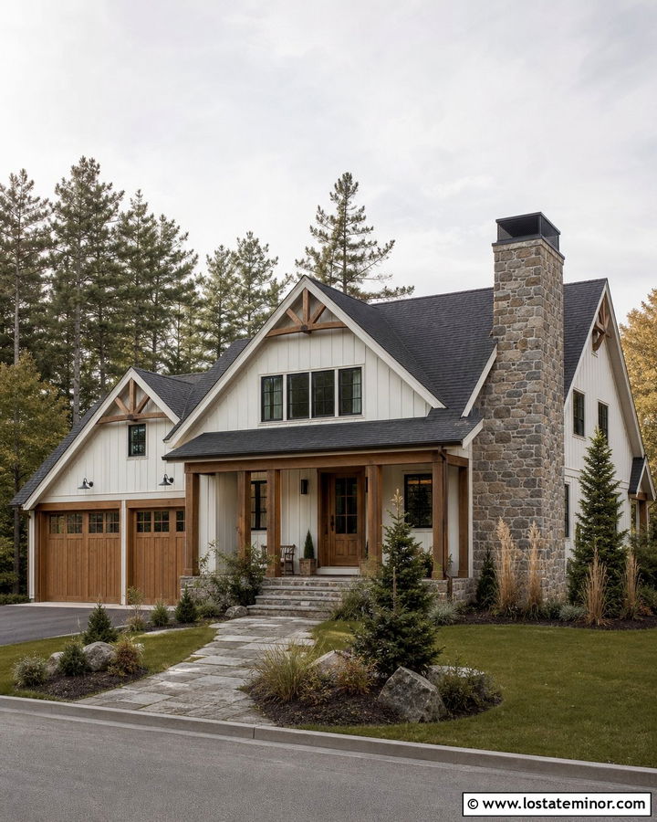 White House With Stone Chimney And Cedar Details - 30 White House Design With Stone Accents Ideas