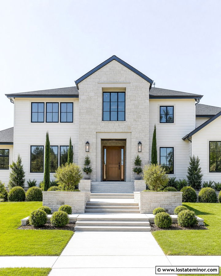 White House With Stone Entry Tower - 30 White House Design With Stone Accents Ideas