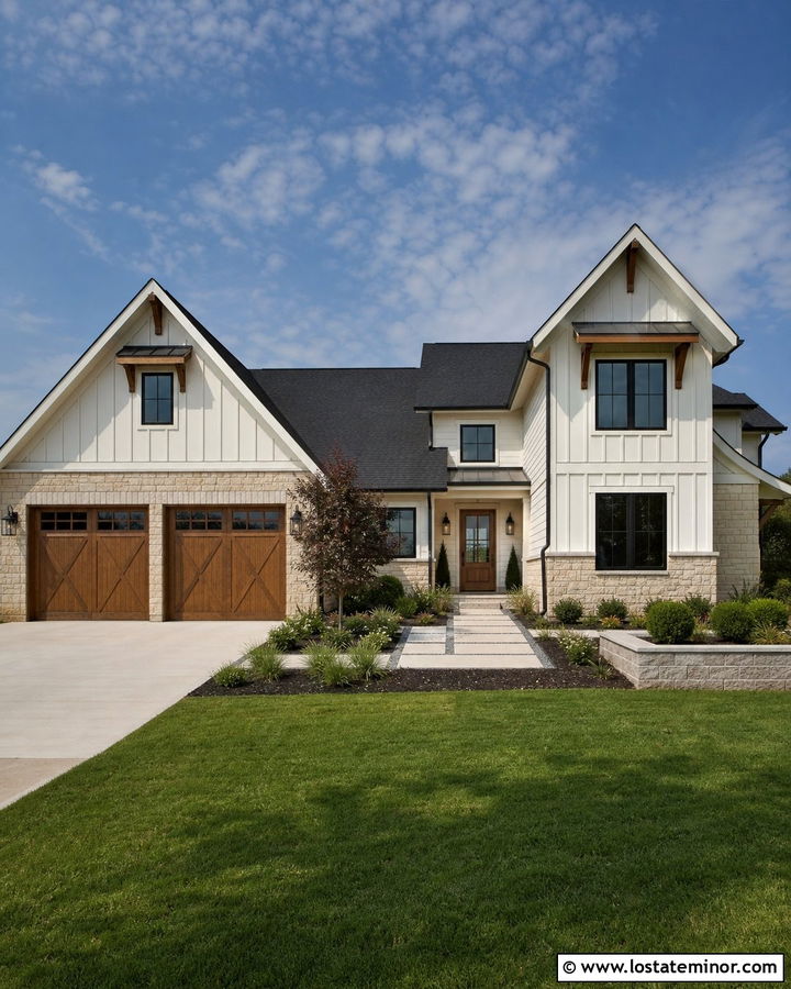 White House With Stone Garage Surround - 30 White House Design With Stone Accents Ideas