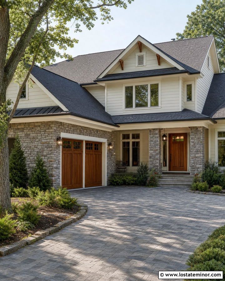 White House With Stone Garage Surround - 30 White House Design With Garage Door Ideas