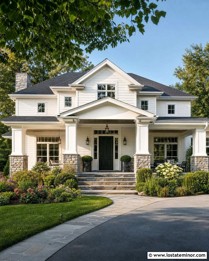 White House With Stone Porch And Portico - 30 White House Design With Portico Ideas