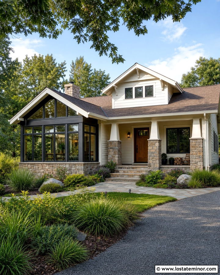 White House With Sunroom And Stone Accent - 30 White House Design With Sunroom Ideas