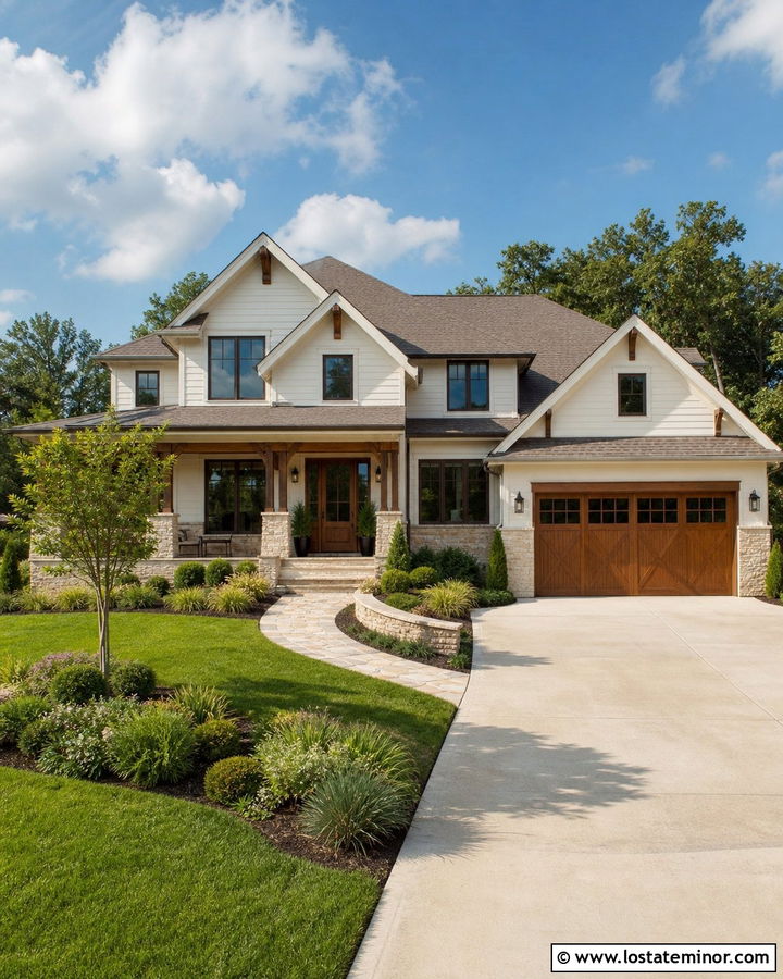 White House With Tan Stone And Wood Garage - 30 White House Design With Accents Ideas
