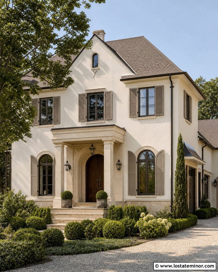 White House With Taupe Shutters And Limestone - 30 White House Design With Accents Ideas