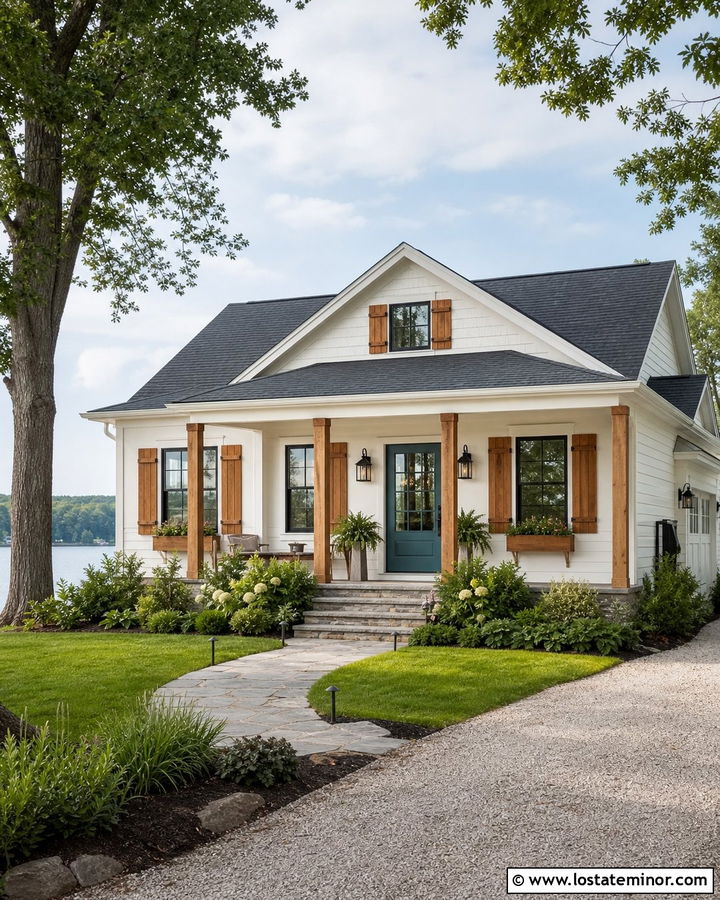 White House With Teal Door And Cedar Shutters - 30 White House Design With Accents Ideas