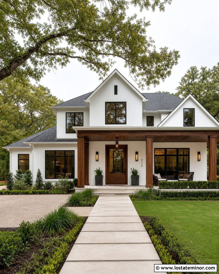 White House With Walnut Porch Ceiling And Black Windows - 30 White House Design With Porch Ceiling Ideas