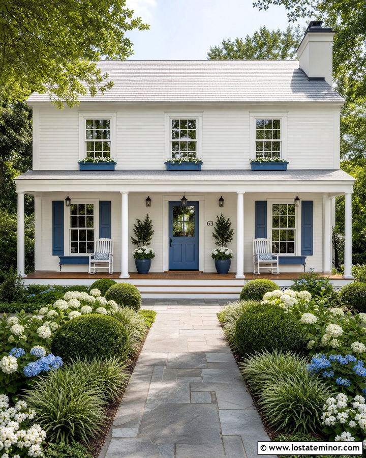 White House With Window Boxes And Blue Door - 30 White House Design With Window Boxes Ideas