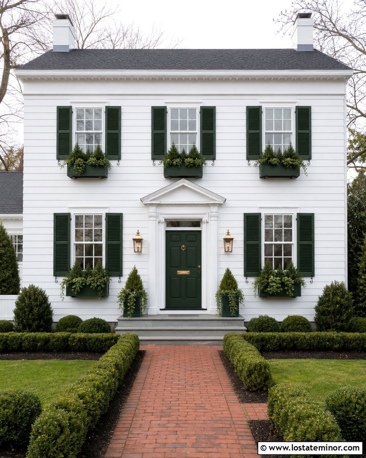 White House With Window Boxes And Evergreen Plants - 30 White House Design With Window Boxes Ideas